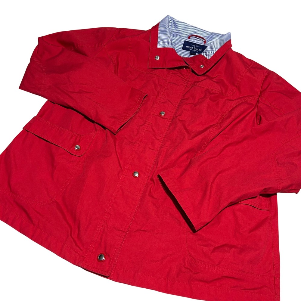 VTG Mackintosh Barn Jacket Women 1X Red Snap Front Striped Collar Coat